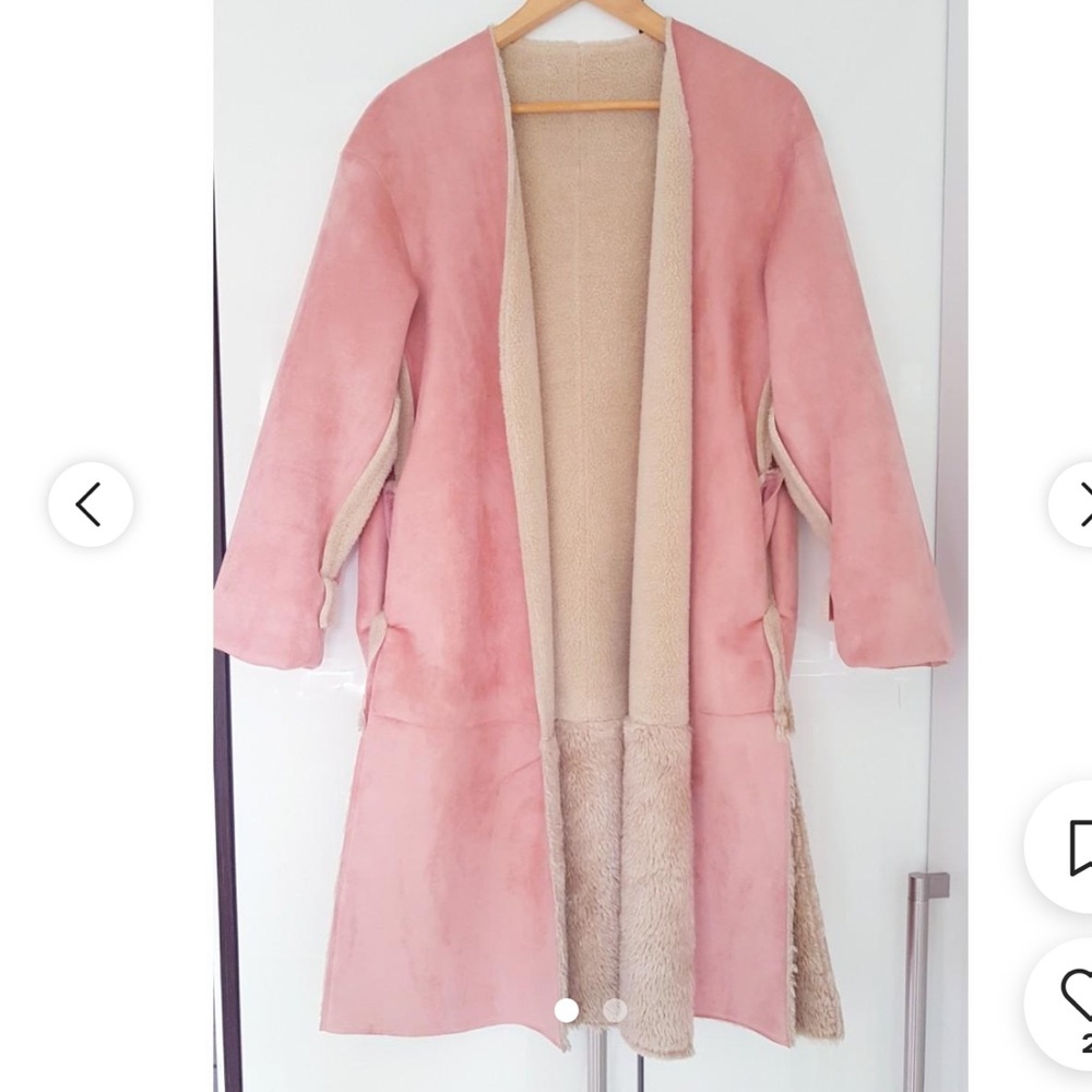 Zara Pink and Cream Open Front Faux Shearling Coat